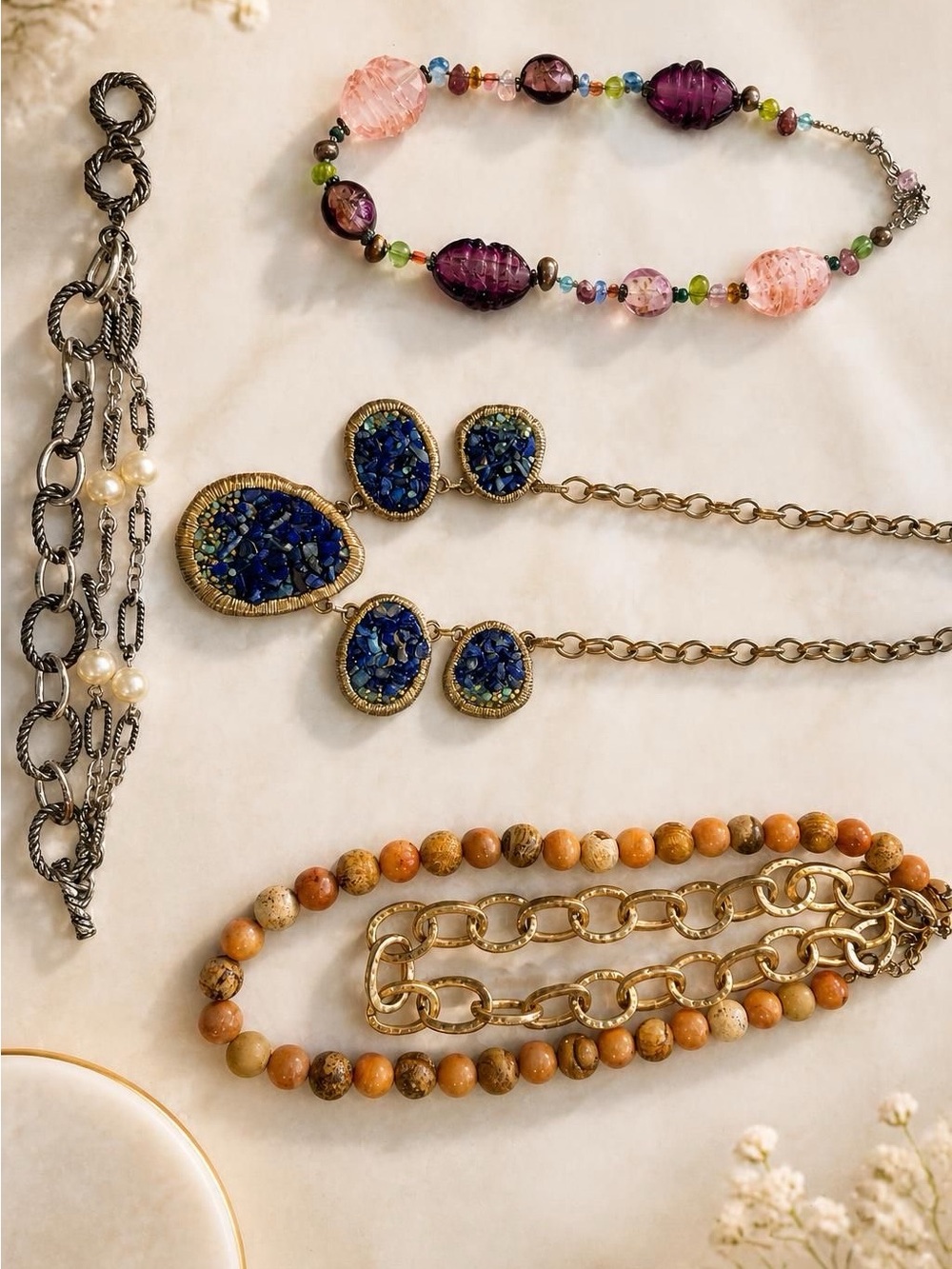 Layered Orange Jasper Bead and Gold-Link Necklace